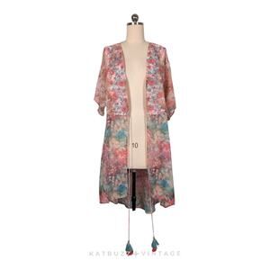 Soft Surroundings Kimono Top Duster 1X Multi Sheer Floral Embroider Boho Beach